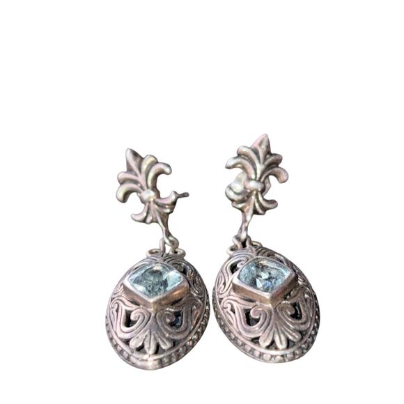 New Sterling Silver and Fleur-de-lis Blue Topaz  Dangle Drop Earrings - Picture 7 of 8